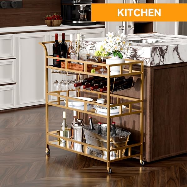 TONGMO Gold Bar Carts with 3 Tier Mirror Shelves, Home Bar Cart with Wine Rack and Glass Holder, Perfect for Indoor and Outdoor Use, Stylish and Functional Kitchen and Entertainment Space Addition