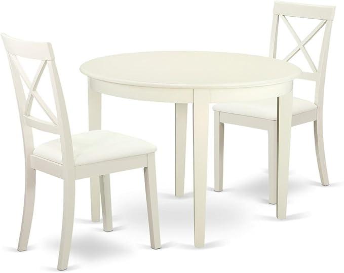 East West Furniture BOST3-LWH-LC 3 Piece Modern Dining Table Set Contains a Round Kitchen Table and 2 Faux Leather Kitchen Dining Chairs, 42x42 Inch, Linen White