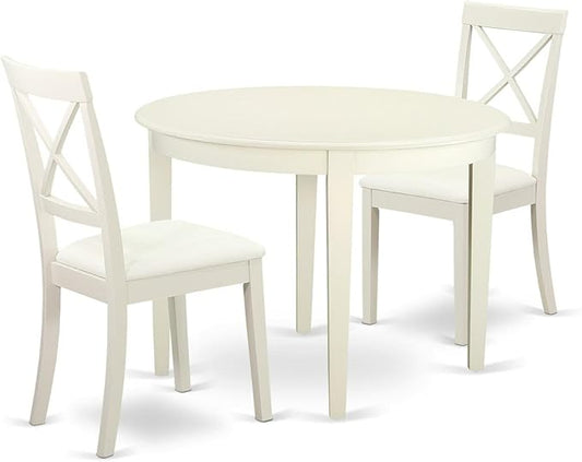 East West Furniture BOST3-LWH-LC 3 Piece Modern Dining Table Set Contains a Round Kitchen Table and 2 Faux Leather Kitchen Dining Chairs, 42x42 Inch, Linen White
