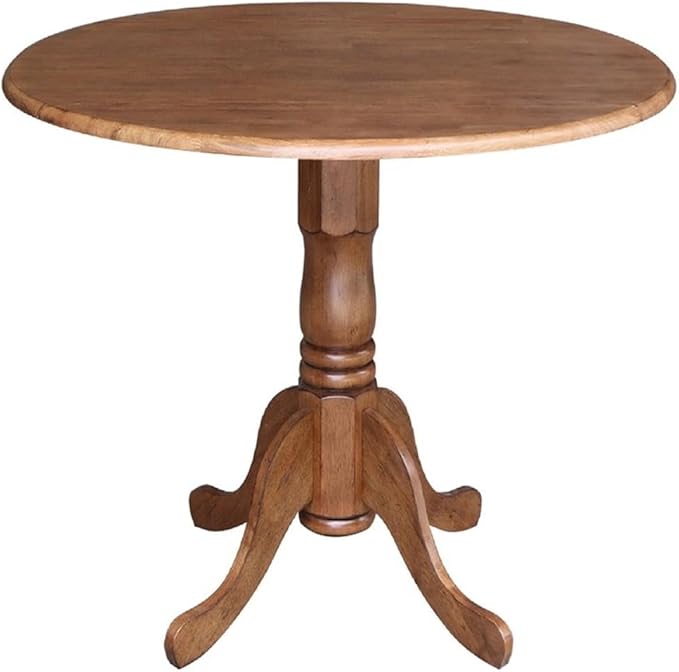 IC International Concepts 42-Inch Round Dual Drop Leaf Pedestal Dining Table, Elegant Space-Saving Furniture for Home and Office - Distressed Oak Finish