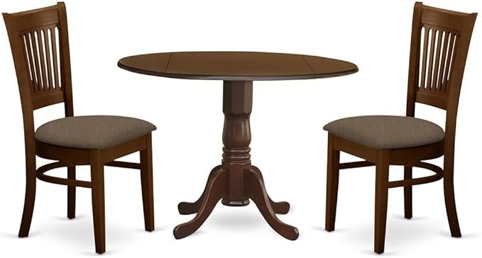 East West Furniture DLVA3-ESP-C 3 Piece Kitchen Table & Chairs Set Contains a Round Dining Room Table with Dropleaf and 2 Linen Fabric Upholstered Chairs, 42x42 Inch, Espresso