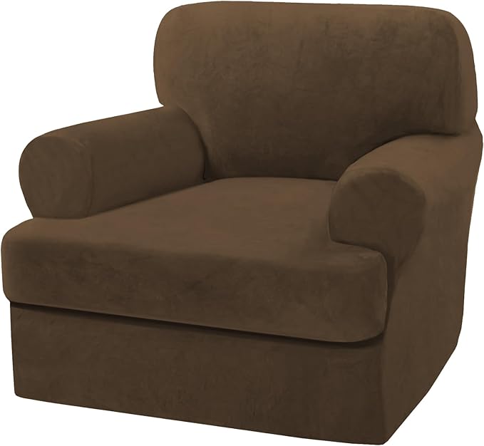 H.VERSAILTEX Sofa Cover 2 Piece T Cushion Armchair Slipcovers Thick Velvet Couch Cover Stretch T Cushion Sofa Covers for 1 Cushion Couch with 1 Individual T Cushion Covers, Bronze Brown
