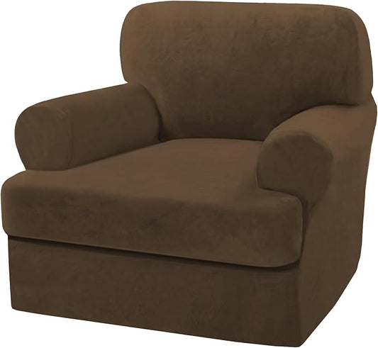 H.VERSAILTEX Sofa Cover 2 Piece T Cushion Armchair Slipcovers Thick Velvet Couch Cover Stretch T Cushion Sofa Covers for 1 Cushion Couch with 1 Individual T Cushion Covers, Bronze Brown