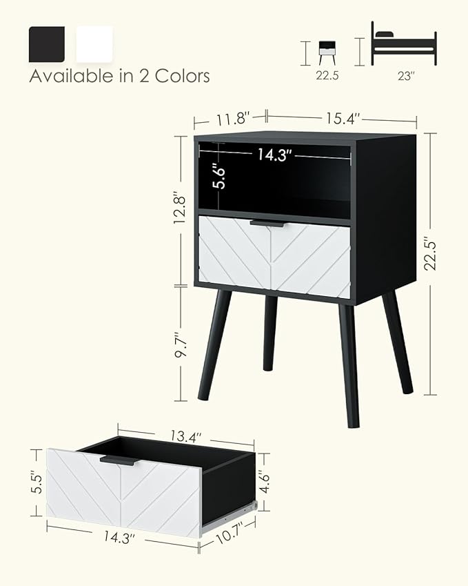 Nightstand,Bedside Table with Gold Frame, Black Night Stand, Modern Bedside Furniture,End Table with Drawer and Shelf for Bedroom,Living Room