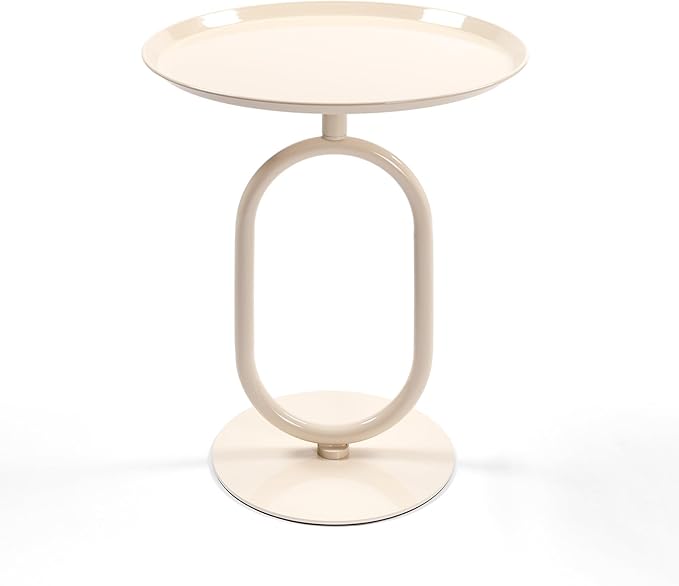 Lantern-Shaped Metal End Table, Small Round Side Accent Pedestal Modern Coffee Drink Cocktail Table for Living Room Corners Small Spaces(21.3'' Height,Cream White)