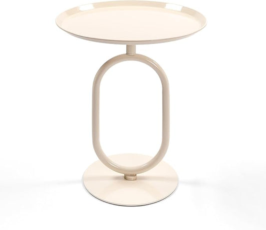 Lantern-Shaped Metal End Table, Small Round Side Accent Pedestal Modern Coffee Drink Cocktail Table for Living Room Corners Small Spaces(21.3'' Height,Cream White)