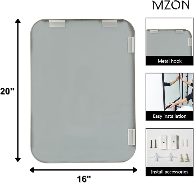 MZON 16x20Inch Brushed Nickel Bathroom Mirror, Rectangle Wall Mounted Mirror for Bathroom or Dresser, Anti-Rust Frame&Tempered Glass, Hangs Horizontally/Vertically - Space-Saving Modern Decor