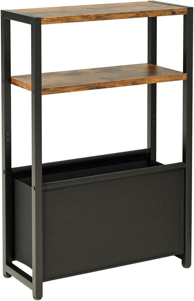 Narrow Side Table End Table, 3-Tier Side Table with Storage Bag, Narrow Nightstand for Small Spaces, Bedside Table for Living Room, Bedroom, Rustic Brown