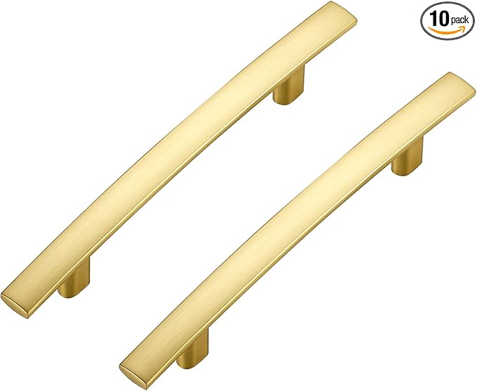 10 Pack Cabinet Handles 3.75" Hole Center - Curved Cabinet Pulls Brushed Brass Drawer Pulls for Kitchen Cupboard Solid Handles for Dresser Drawer Arch Closet Hardware