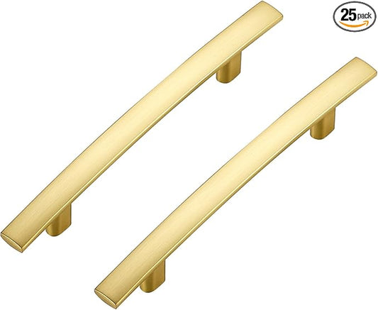 25 Pack Cabinet Handles 3.75" Hole Center - Curved Cabinet Pulls Brushed Brass Drawer Pulls for Kitchen Cupboard Solid Handles for Dresser Drawer Arch Closet Hardware