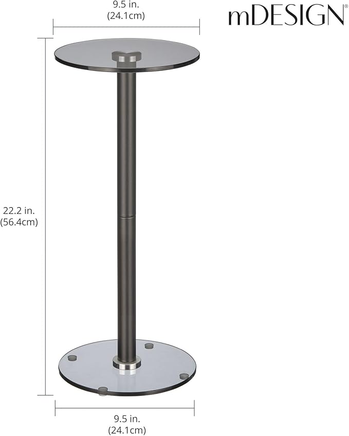 mDesign Glass Top Side/End Drink Table - Tall Modern Round Accent Metal Nightstand Furniture for Living Room, Dorm, Home Office, and Bedroom - 9" Round - Dark Smoke Gray/Black