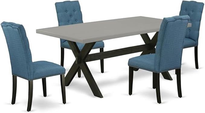 East West Furniture X697EL121-5 5 Piece Dining Room Table Set Includes a Rectangle Kitchen Table with X-Legs and 4 Blue Linen Fabric Parson Dining Chairs, 40x72 Inch, Multi-Color
