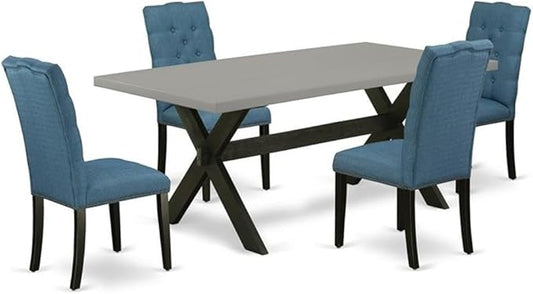 East West Furniture X697EL121-5 5 Piece Dining Room Table Set Includes a Rectangle Kitchen Table with X-Legs and 4 Blue Linen Fabric Parson Dining Chairs, 40x72 Inch, Multi-Color