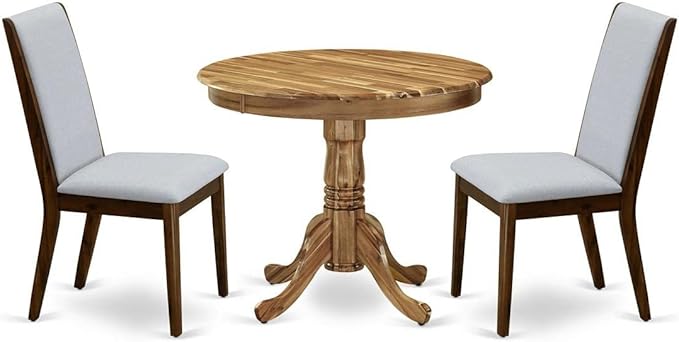 East West Furniture ANLA3-ANA-05 3 Piece Dining Set Contains a Round Kitchen Table with Pedestal and 2 Grey Linen Fabric Parsons Dining Chairs, 36x36 Inch, Natural