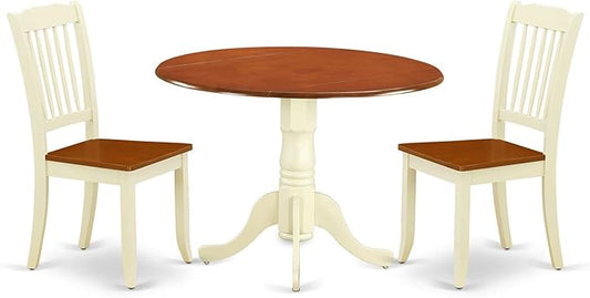 East West Furniture DLDA3-BMK-W 3 Piece Dining Room Furniture Set Contains a Round Dining Table with Dropleaf and 2 Wood Seat Chairs, 42x42 Inch, Buttermilk & Cherry