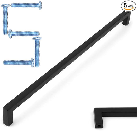 KOOFIZO Solid Square Bar Cabinet Handle - Black Furniture Pull, 12.6 Inch/320mm Screwhole Distance, Pack of 5 for Kitchen Cupboard Door, Bedroom Dresser Drawer, Bathroom Wardrobe Hardware