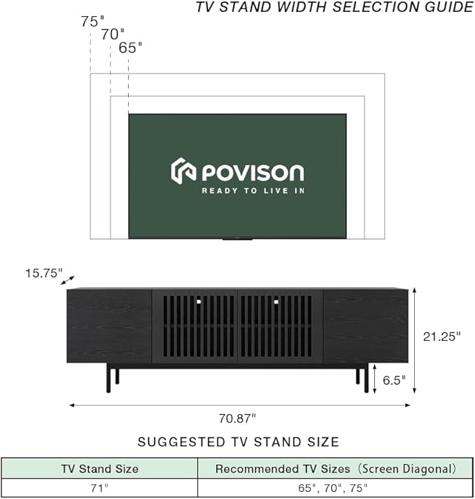 POVISON Full Assembled Mid-Century Modern TV Stand with Slatted Doors, Wood Media Console for 65-75 Inch TV, TV Console with Tall-cast Metal Legs, Entertainment Center with Storage for Living Room