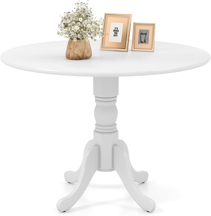 COSTWAY Round Dining Table for 4, 39-inch Wooden Kitchen Table with Solid Rubber Wood Frame, Curved Trestle Legs, Adjustable Foot Pads, Mid Century Rustic Dinning Table for Living Room (White)