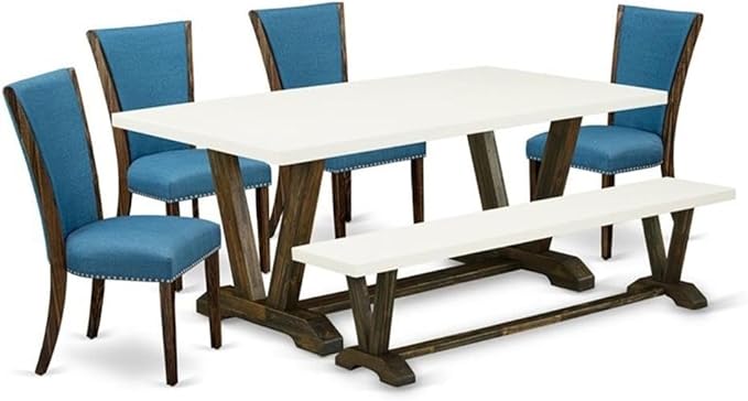 East West Furniture V727VE721-6 6 Piece Dining Table Set Contains a Rectangle Dining Room Table with V-Legs and 4 Blue Color Linen Fabric Parson Chairs with a Bench, 40x72 Inch, Multi-Color