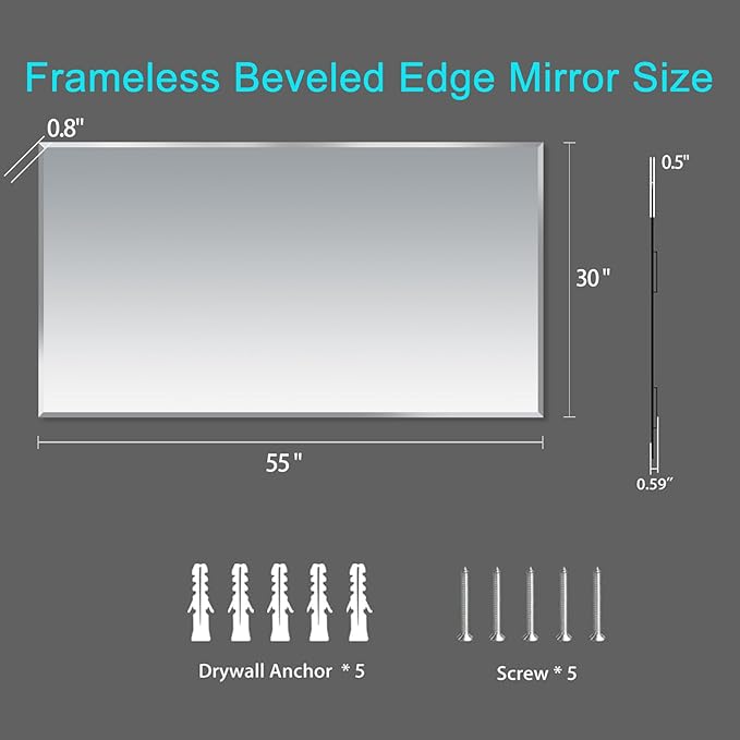 Frameless Beveled Edge Bathroom Mirror 55x30 Inch Rectangle Wall Mirror Explosion Proof and Shatterproof Bathroom Vanity Mirror Wall Mounted Hang Firmly (Horizontal or Vertical)