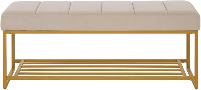 24KF Taupe Velvet Upholstered End of Bed Bench with Metal Shelf, Modern Tufted Channel Entryway Bench Footboard Bench for Living Room, Bedroom, Gold Bench,5036-Taupe