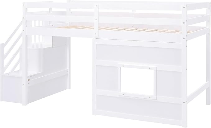 Twin Size Loft Bed with Storage Staircase and Window,Wood Twin Loft Bunk Bedframe with Full-Length Guardrail and Sturdy Slat Support, No Noise,No Box Spring Needed,for Kids,Boys,Girls,White