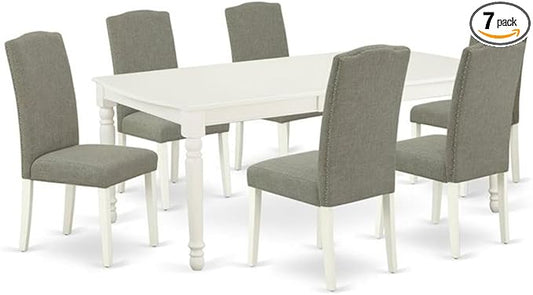 East West Furniture DOEN7-LWH-06 7 Piece Dining Room Set Consist of a Rectangle Wooden Table with Butterfly Leaf and 6 Dark Shitake Linen Fabric Parson Dining Chairs, 42x78 Inch, Linen White