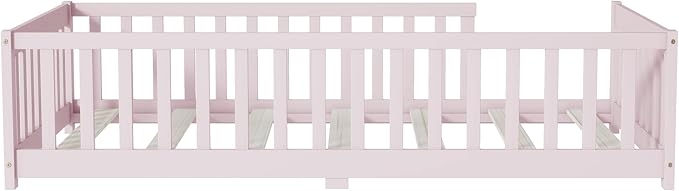 Bellemave Twin Floor Bed with Slats and Safety Guardrails, Kids Montessori Floor Beds with Fence and Without Door, Easy Assemble Floor Bed for Kids, Girls, Boys, Pink