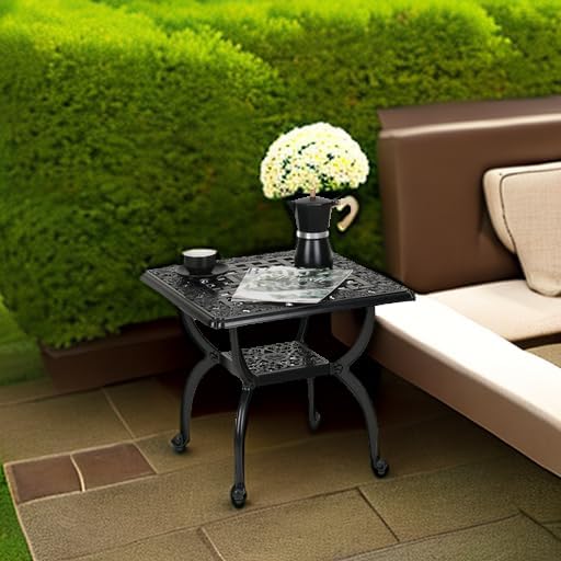 JARDIN DE CENTENNIAL Cast Aluminum Outdoor Side Table,Anti-Rust Outdoor End Table,Patio Coffee Bistro Table for Indoor,Garden,Porch,Balcony(Square Black)