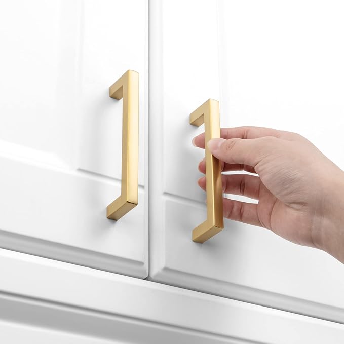 KOOFIZO Solid Square Bar Cabinet Handle - Brushed Gold Furniture Pull, 3.8 Inch/96mm Screwhole Distance, 10-Pack for Kitchen Cupboard Door, Bedroom Dresser Drawer, Bathroom Wardrobe Hardware
