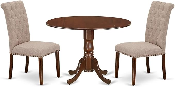 East West Furniture DLBR3-MAH-04 3 Piece Dining Room Furniture Set Contains a Round Dining Table with Dropleaf and 2 Light Tan Linen Fabric Parsons Chairs, 42x42 Inch, Mahogany