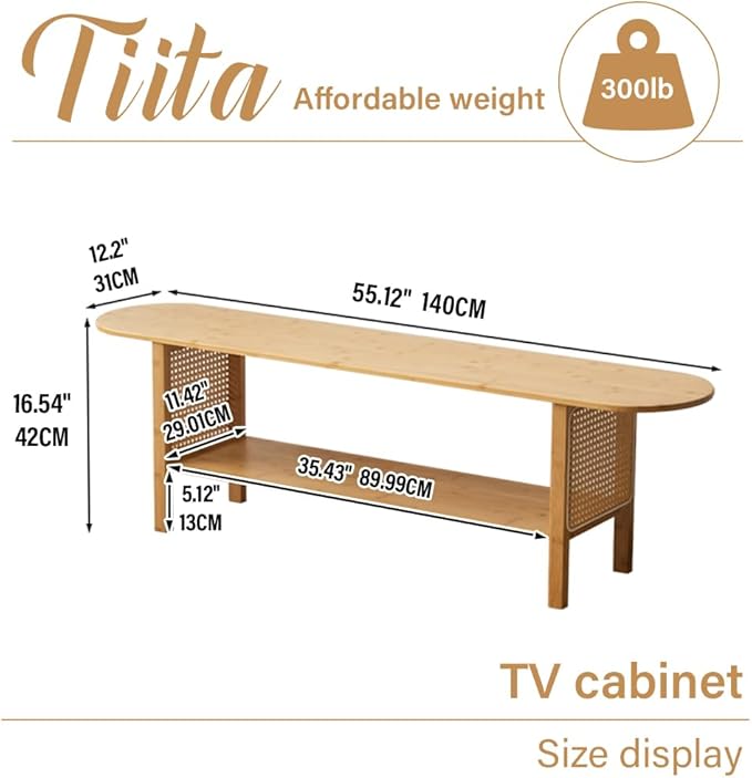 Tiita TV Stand with Storage for TVs up to 65'', Bamboo TV Console Entertainment Center with 2 Open Shelf, Mid Century Modern Media Console for Living Room, Bedroom, Wood