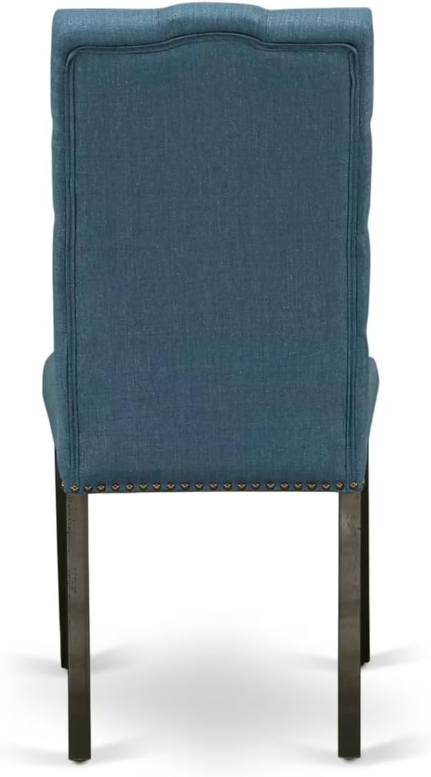 East West Furniture V697EL121-9 9 Piece Dining Room Table Set Includes a Rectangle Kitchen Table with V-Legs and 8 Blue Linen Fabric Parson Dining Chairs, 40x72 Inch, Multi-Color