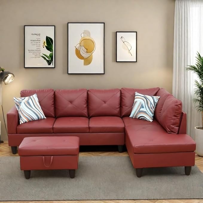 NAYSAYE L Shaped Couch, Leather Modular Sectional Couch with Ottoman Storage, Modern Lounge Sofa Convertible Sectional Couches for Living Room, Apartment, Red