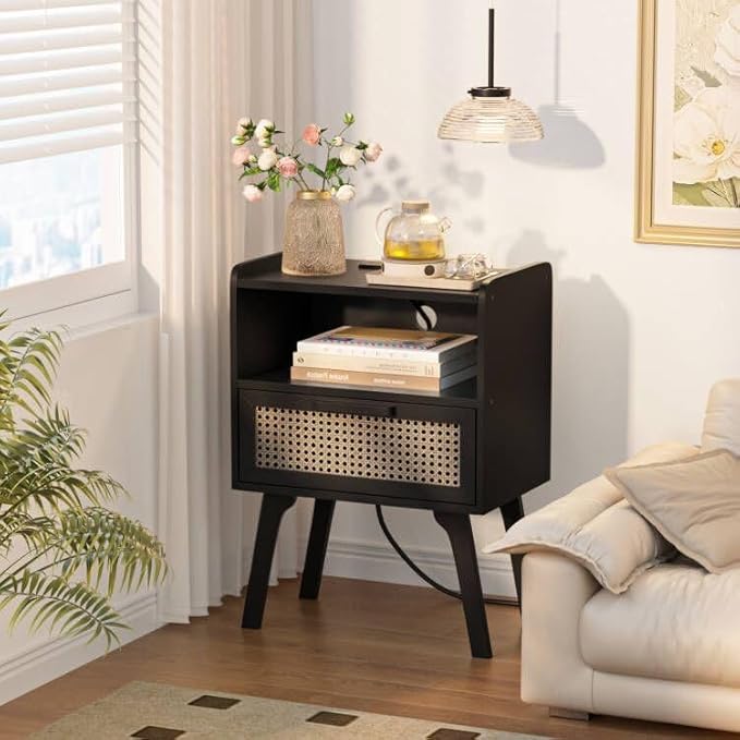 Lerliuo Rattan Nightstands Set of 2 with Charging Station, Black Bedside Table with Drawer Open Shelf, Cane Accent Side End Table with Solid Wood Legs, Night Stand for Bedroom, Dorm and Small Spaces