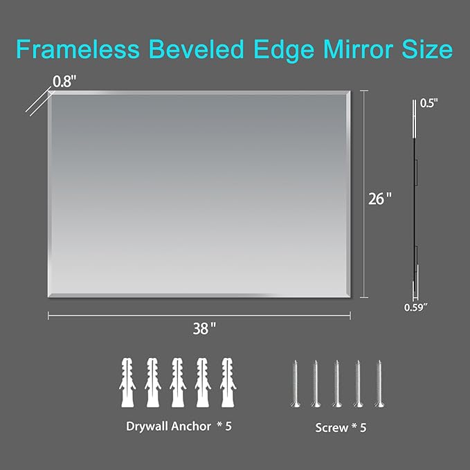 Frameless Beveled Edge Bathroom Mirror 38x26 Inch Rectangle Wall Mirror Explosion Proof and Shatterproof Bathroom Vanity Mirror Wall Mounted Hang Firmly (Horizontal or Vertical)