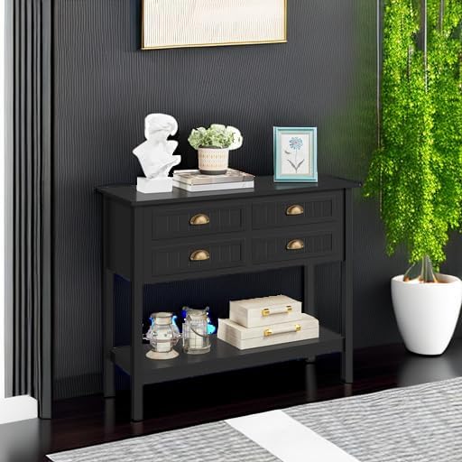 Yaheetech Console Table with 4 Drawers, Sofa Side Table with Bottom Open Storage Shelf, Heavy-Duty Entryway Tables for Hallway/Living Room, 39.5x14x32 inch, Black