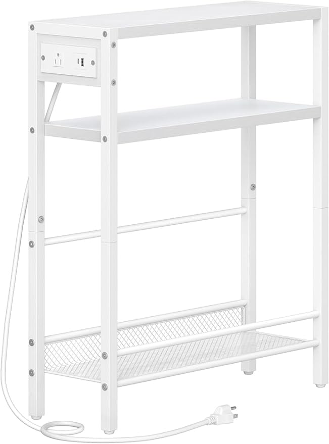 HOOBRO Small Narrow Side Table with Charging Station, Skinny End Table for Small Spaces, Slim Nightstand with USB Ports Outlet, Sofa Beside Table with Storage Shelf, White WT102UBZ01