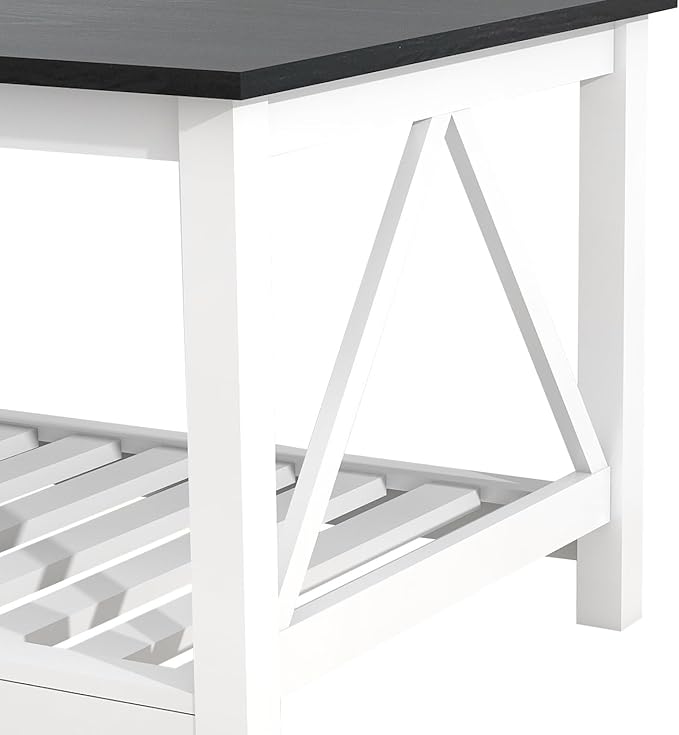 Farmhouse Coffee Table, Black and White Coffee Table for Living Room, 2-Tier Rectangular Wooden Centre Cocktail Table with Slats Shelf Storage and V-Shaped Frame Modern Coffee Tables Oak Black