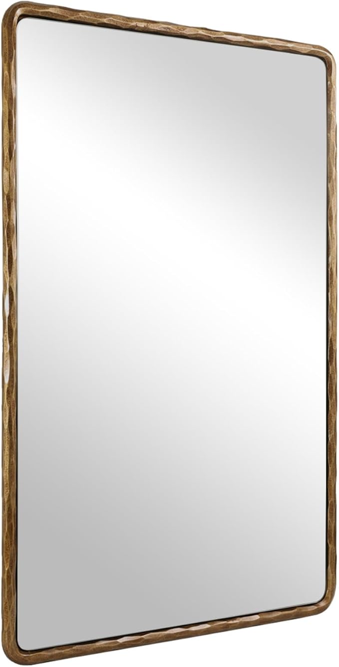 ANDY STAR Hand-Forged Gold Bathroom Mirrors for Wall, 24x36 Inch Vintage Solid Steel Metal Frame Bathroom Vanity Mirror, Antique Rounded Rectangle Wall Mirror, Hangs Horizontally or Vertically
