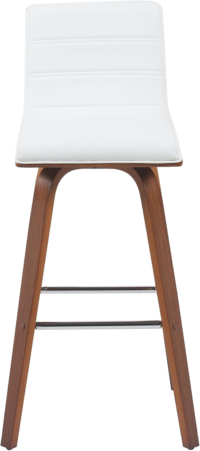 Armen Living Vienna Modern Swivel 30" Bar Height Barstool with White Faux Leather and Walnut Wood Finish