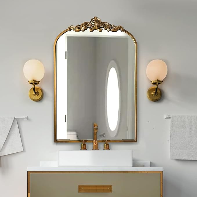 WAMIRRO Arched Gold Mirror,Gold Traditional Vintage Ornate Baroque Mirror,Antique Brass Mirrors,Wall Mounted Mirrors for Entryway/Fireplace/Living Room/Hallway/Bathroom.36“X24”Gold