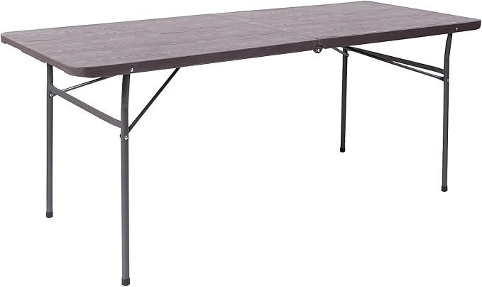 Flash Furniture Elijah 6-Foot Bi-Fold Brown Wood Grain Plastic Folding Table with Carrying Handle