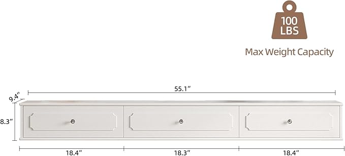 Retro Floating TV Console with 3 Doors,55'' High Gloss Floating TV Stand,Wall Mounted TV Cabinet,Contemporary Floating Media Console for Under TV Storage,Living Room,Bedroom(White)