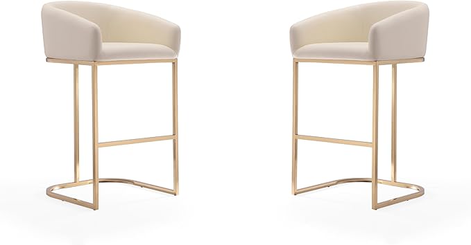 Manhattan Comfort Louvre 30 Inch Mid Century Modern Counter Height Bar Stools - Elegant Faux Leather Padded Seat, Stainless Steel Base with Footrest, Fully Assembled Barstools, Set of 2, Cream