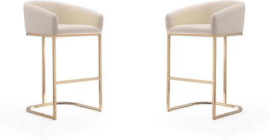 Manhattan Comfort Louvre 30 Inch Mid Century Modern Counter Height Bar Stools - Elegant Faux Leather Padded Seat, Stainless Steel Base with Footrest, Fully Assembled Barstools, Set of 2, Cream