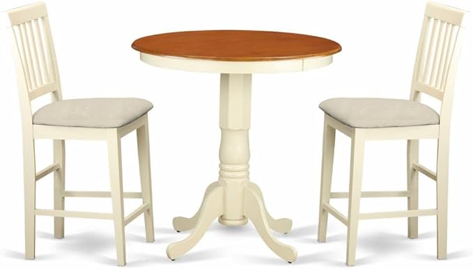 East West Furniture EDVN3-WHI-C 3 Piece Kitchen Counter Height Dining Set Contains a Round Dining Room Table with Pedestal and 2 Linen Fabric Upholstered Chairs, 30x30 Inch, Buttermilk & Cherry