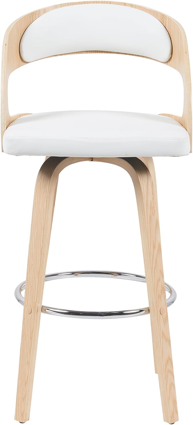 Shelly Modern Bar Height Swivel Stool in Patterned Oak Finish with White Faux Leather Upholstered Seat Set of 3