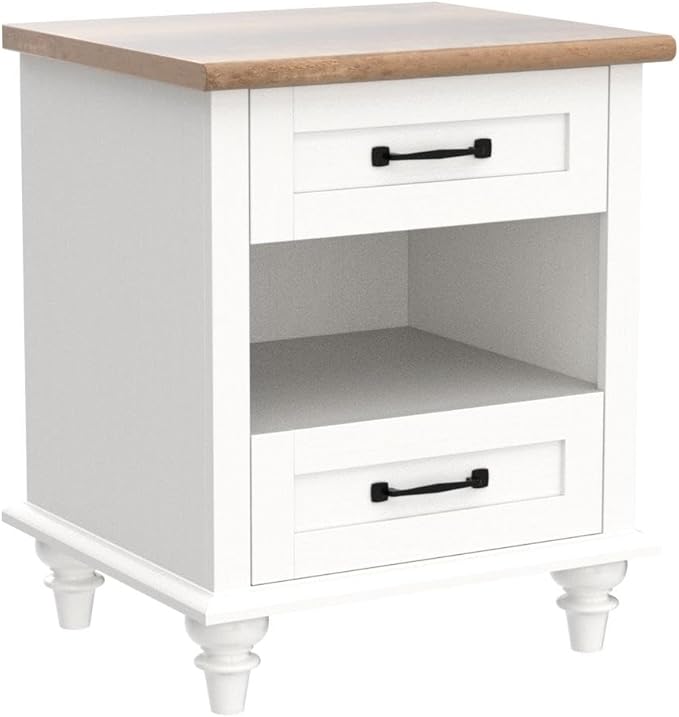 WAMPAT Set of 2 Nightstands with Charging Station & 2 Drawers, Mid Century Modern End Tables Side Table for Living Room, White Wooden Nightstand Bedside Table for Bedroom & Dorm