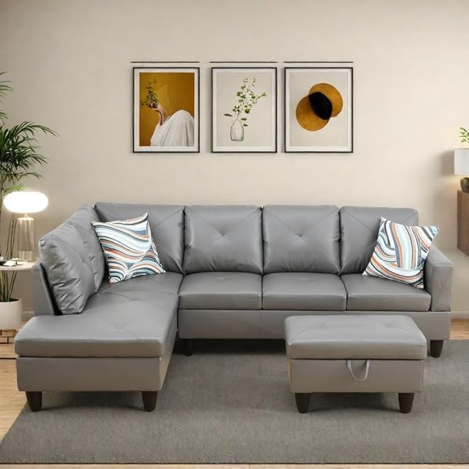 NAYSAYE L Shaped Couch, Leather Modular Sectional Couch with Ottoman Storage, Modern Lounge Sofa Convertible Sectional Couches for Living Room, Apartment, Dark Grey